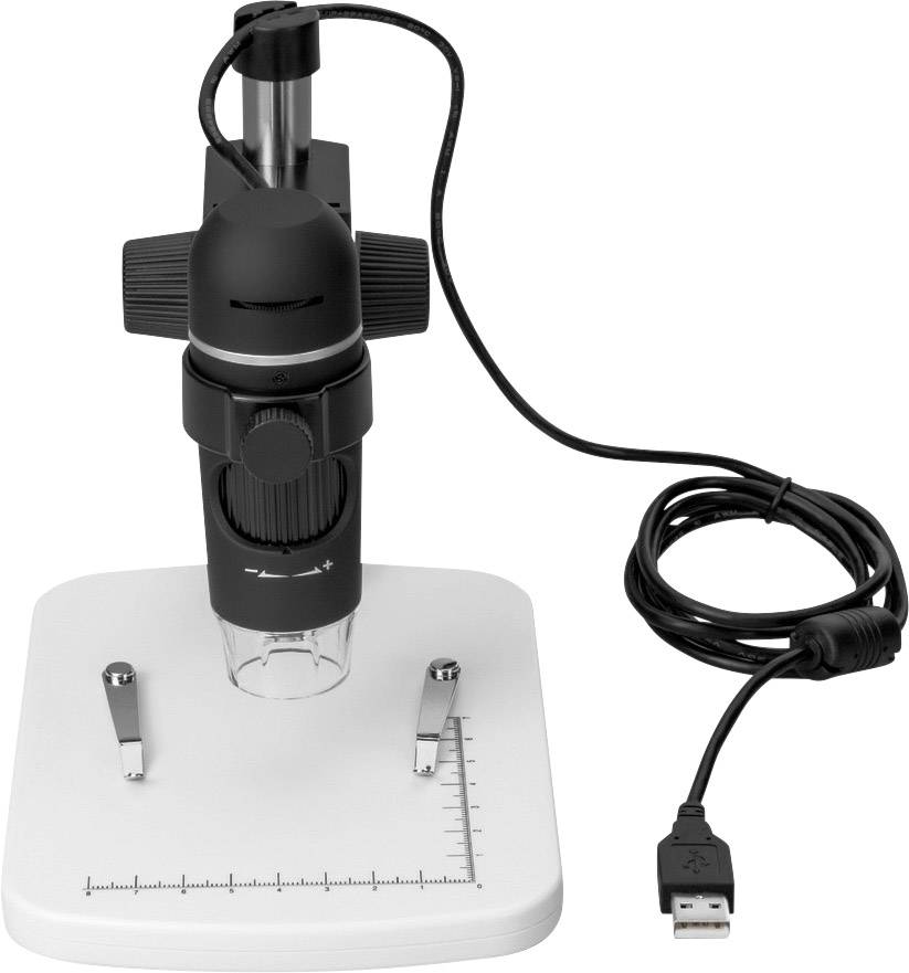 Digital microscope with stand and USB connection cable on white background. Ideal for magnifications and detailed observations.