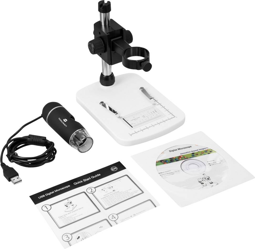 Digital Microscope Kit with stand, USB cable, instruction manual and software CD. Ideal for precise magnifications and analyses.