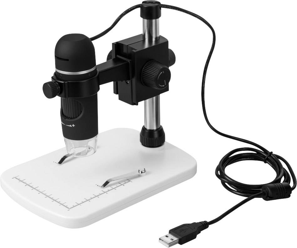 Black USB microscope on white stand with scale, adjustable arm and focusable lens. Connection via USB cable.