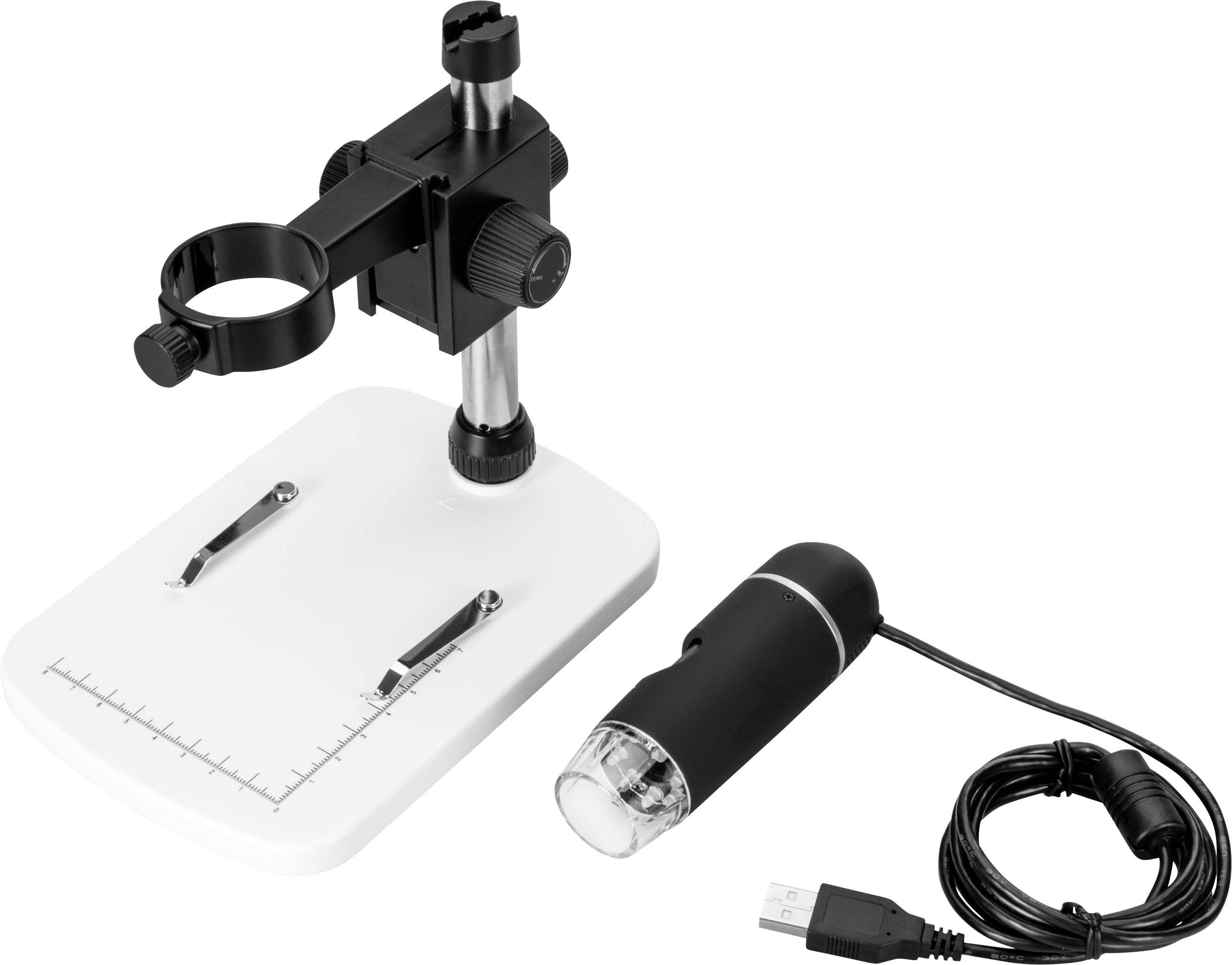 Black USB digital microscope with stand and measuring plate. Suitable for precise magnification of small objects.