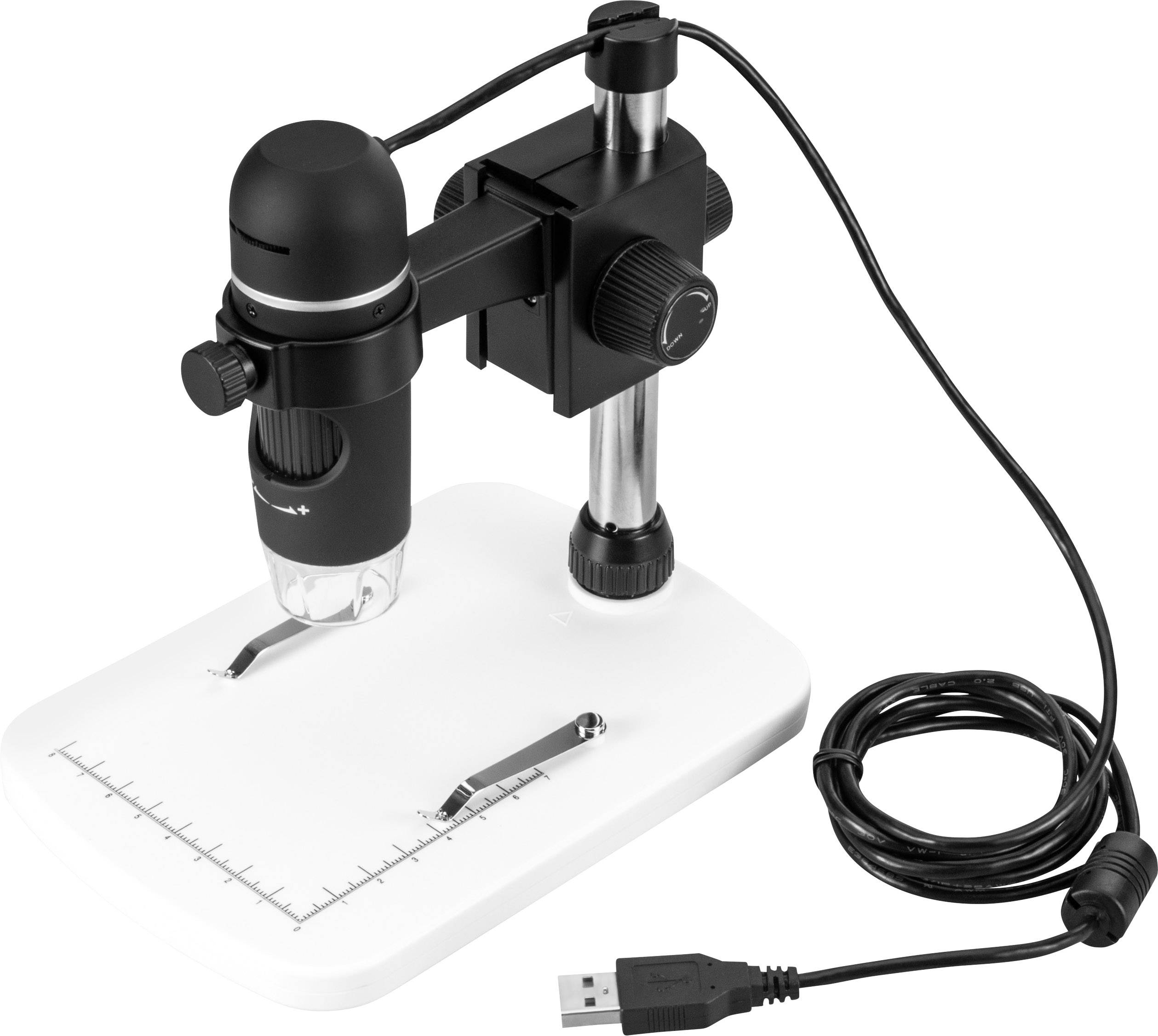 Digital microscope with USB connection, stand base, two rotary controls, and measuring line on the platform.