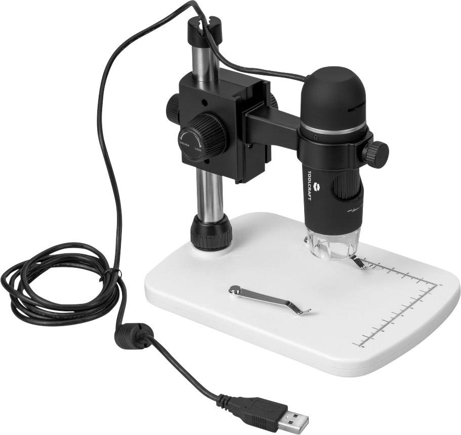 A digital USB microscope on a white stand. There is a ruler on the base used for precise measurements.