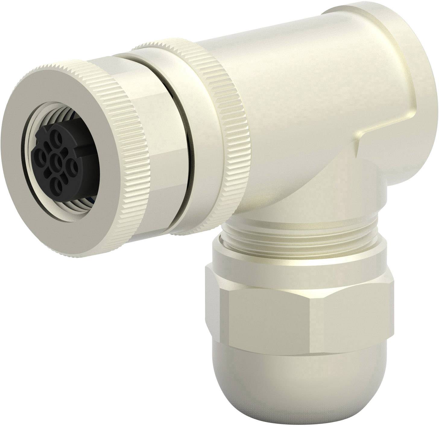 A metal 90-degree angle connector, primarily used in industrial applications, with threading and multiple contact points.