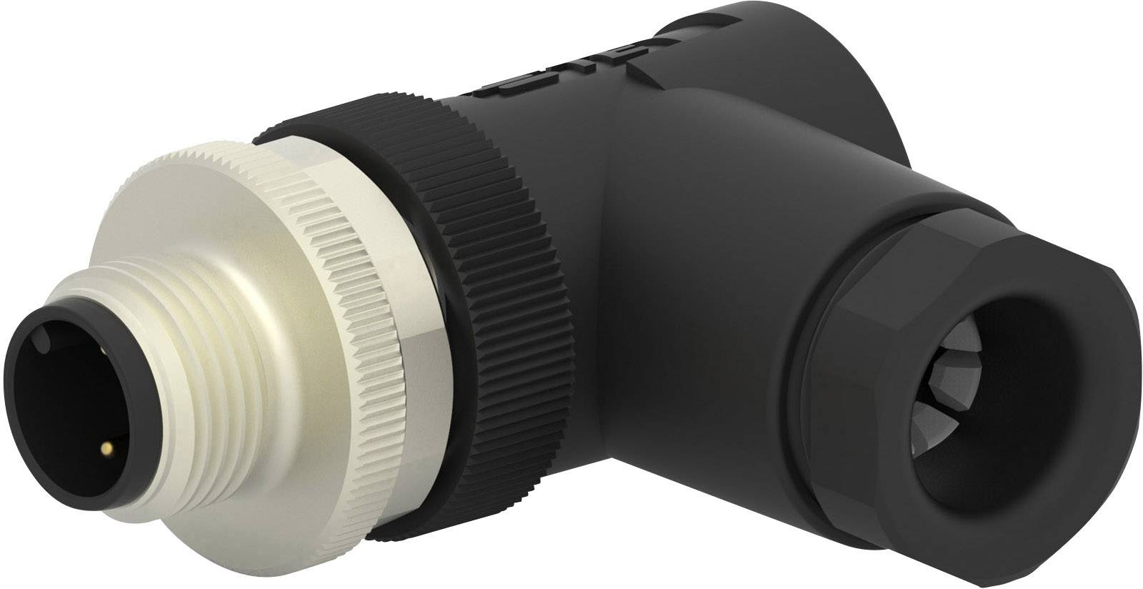 Black, L-shaped M12 connector with metal thread and plastic housing, suitable for industrial applications.