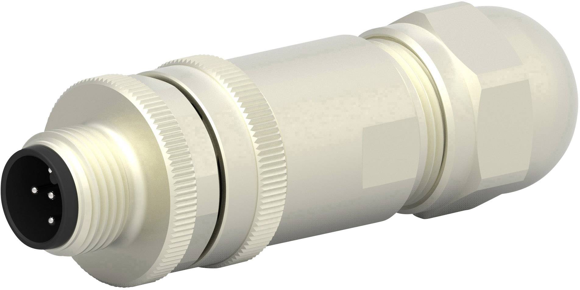 Cylindrical metal connector with four pins, suitable for industrial applications and robust connections.