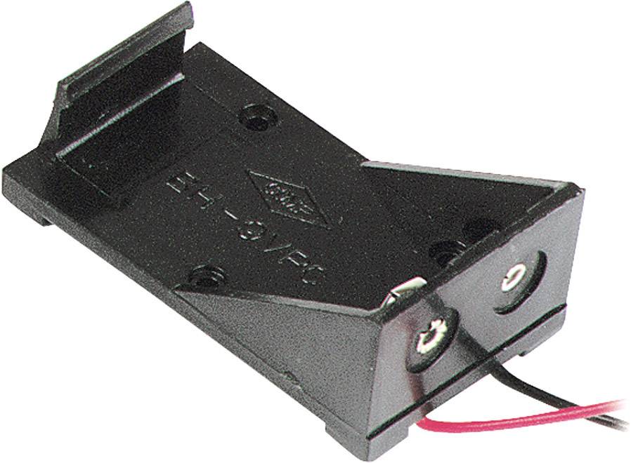 Black battery holder for two AA batteries with protruding edges and two connected cables for power supply.