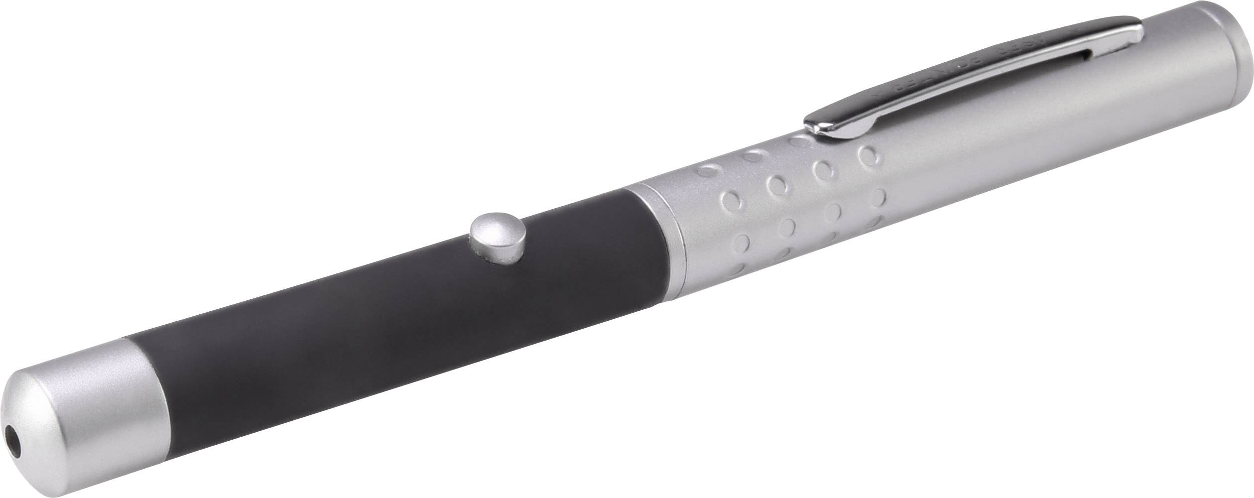 Silver laser pointer with black handle and clip, lying diagonally.
