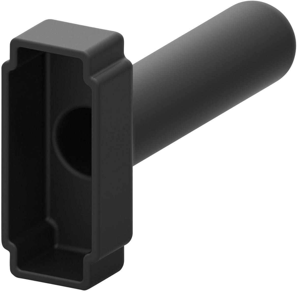 Black T-shaped plastic tool. One side is shaped as a hollow cavity, potentially for use as a lever or support.
