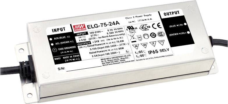 MW Mean Well ELG-75-24DA-3Y LED driver Constant voltage, Constant current 75.6 W 3.15 A 12 - 24 V DC dimmable, DALI, PFC circuit