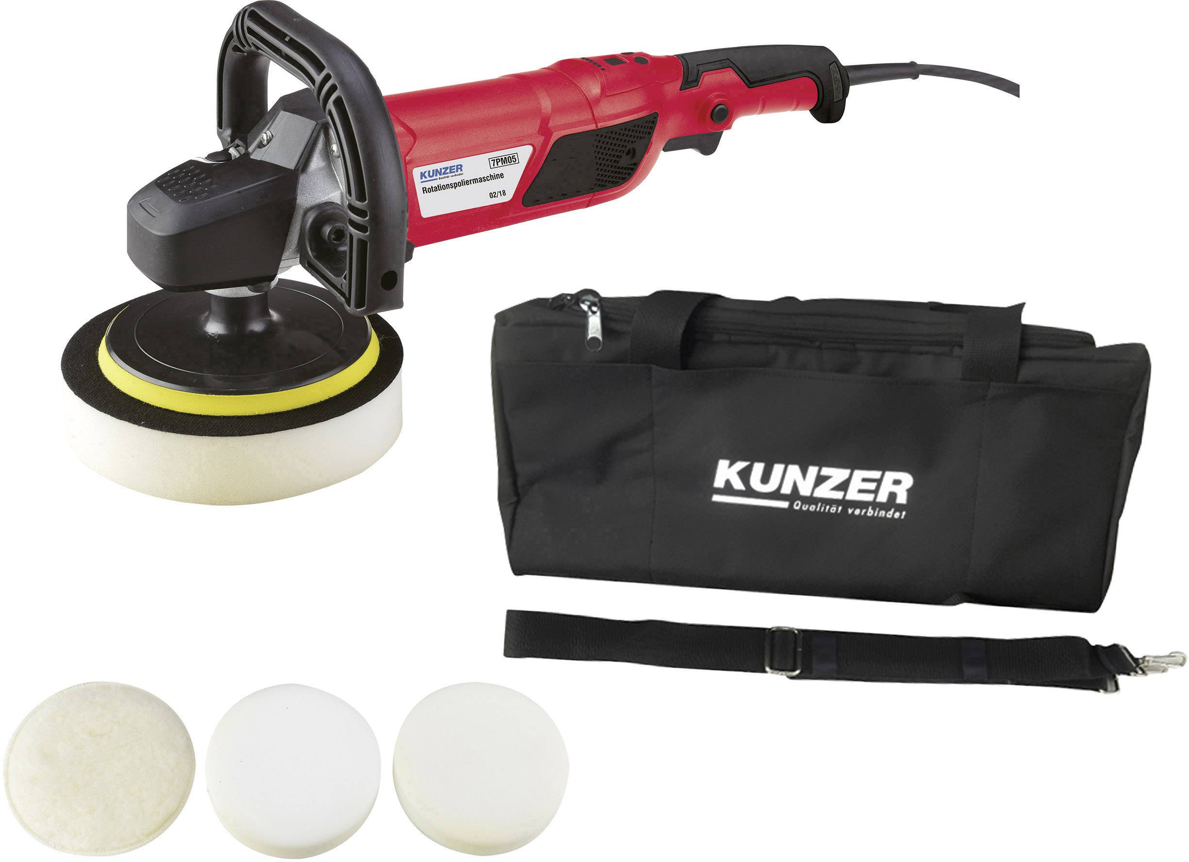 A red polishing machine with interchangeable polishing attachments, a carry case with the 'Kunzer' label, and accessories.