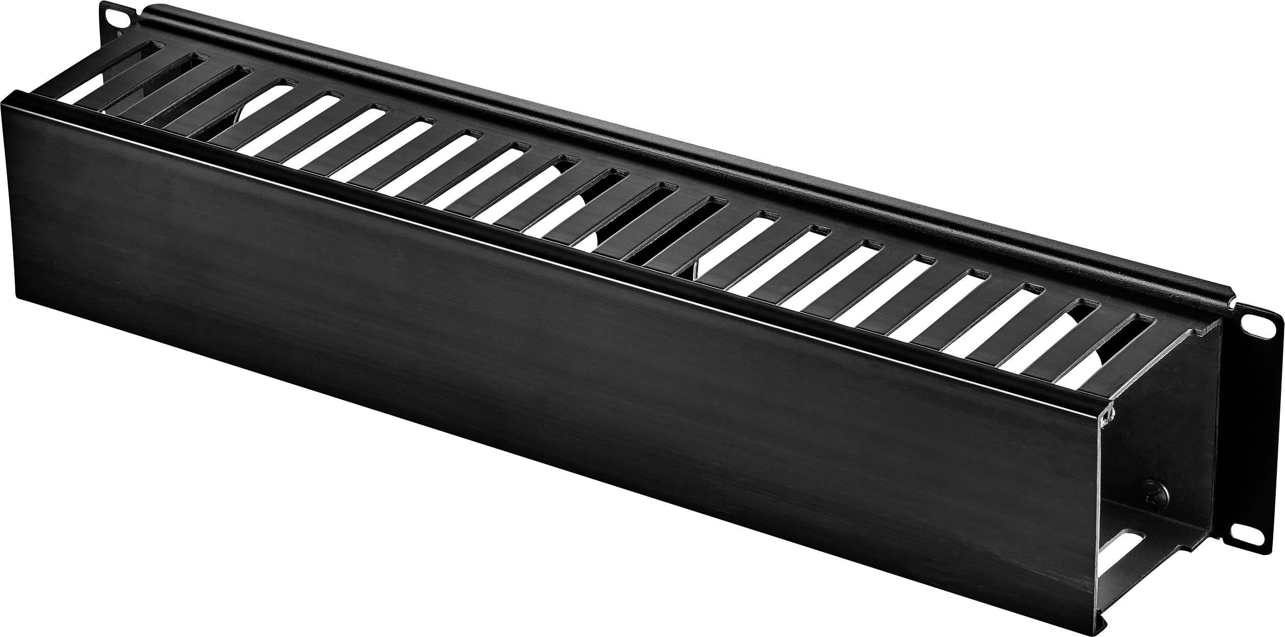 Black metal cable trunking with ventilation slots, designed for proper cable management in technical or industrial environments.