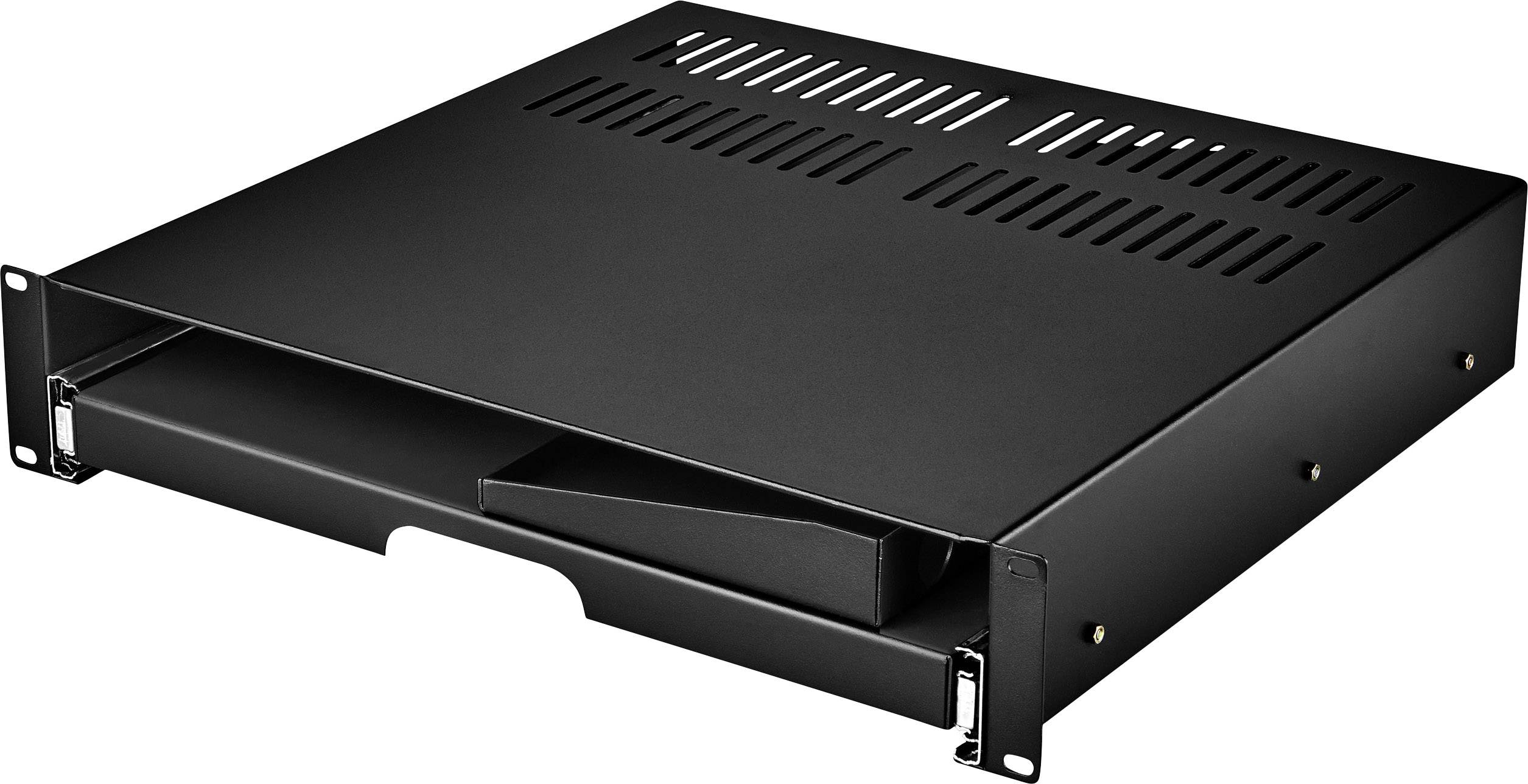 A black server rack enclosure with ventilation slots on the top and mounting points on the sides for installation in a rack.
