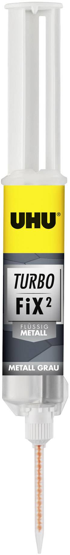 'UHU Turbo Fix 2' adhesive, for metal, grey, in a double syringe with a fine tip for precise bonding.