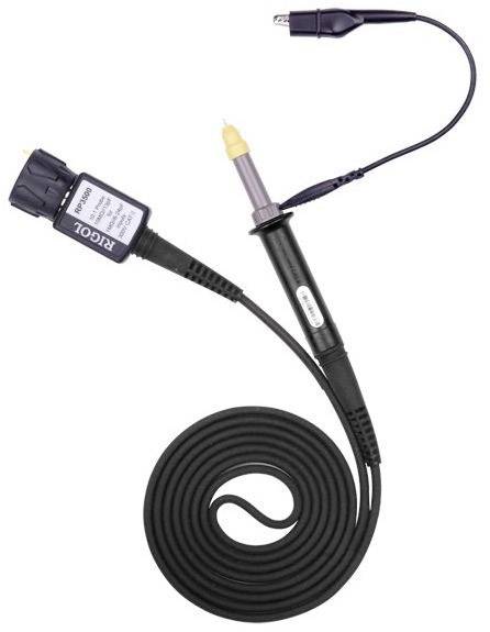 Black and yellow oscilloscope probe cable with BNC connector and coiled cable. Used for connecting measuring instruments.