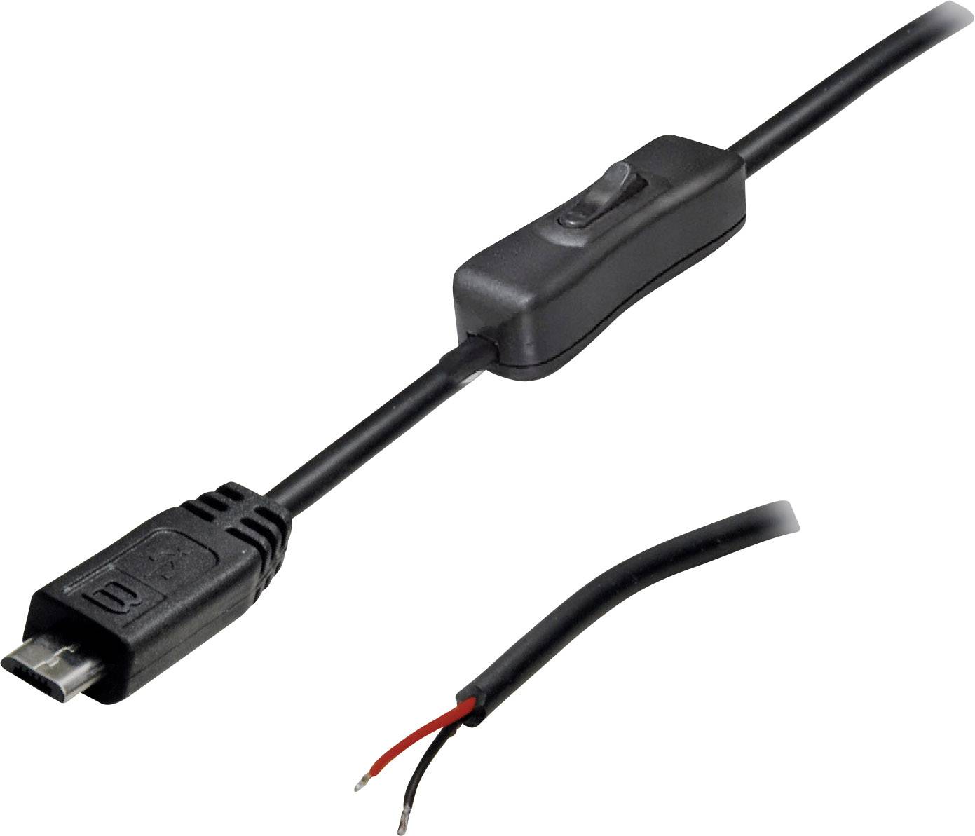 A black USB cable with a switch and exposed cable ends.Note: This is already quite close to British English. The translation maintains the original description accurately and uses terminology typical in British English.