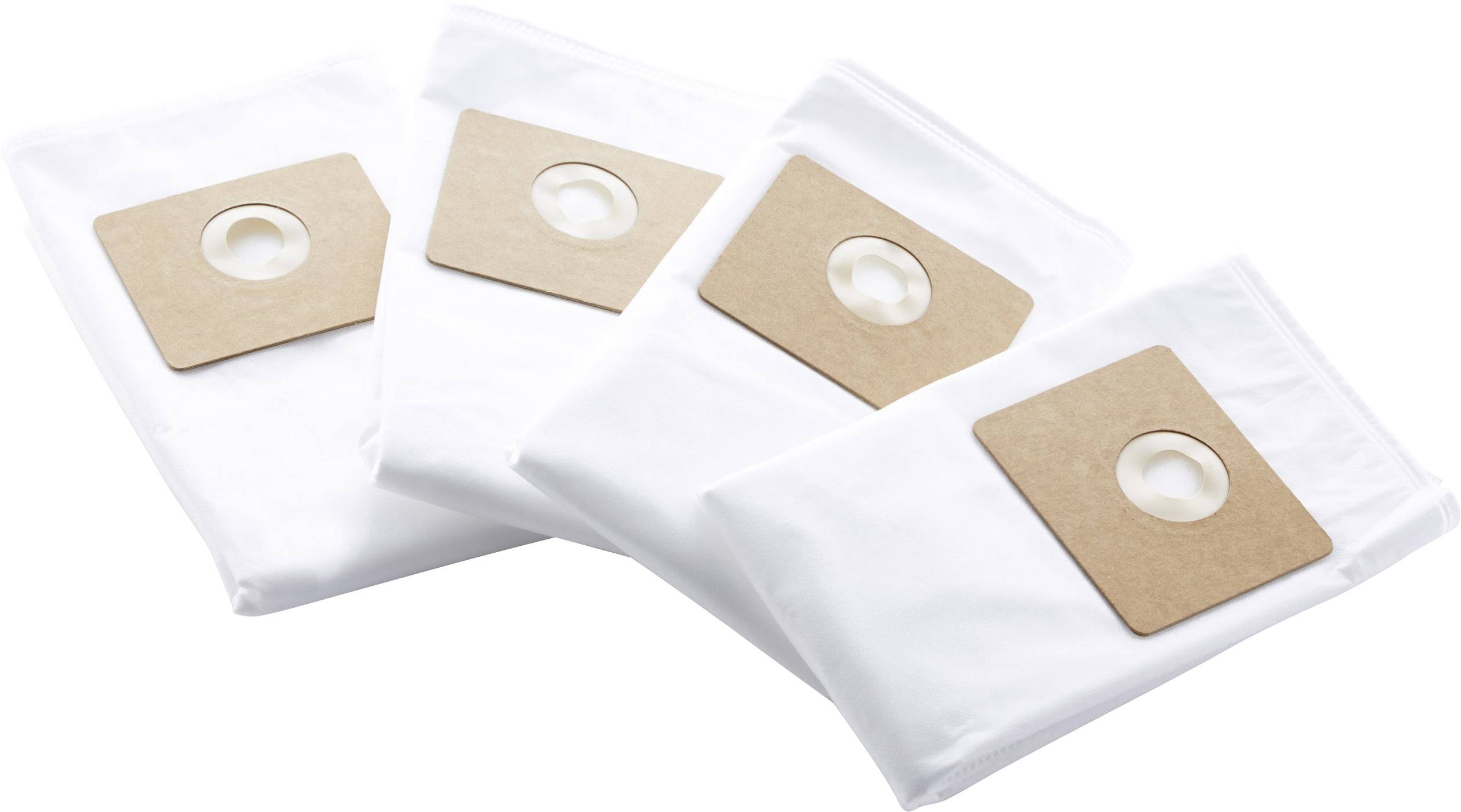 Four white vacuum cleaner bags with cardboard closures, arranged side by side on a white background.
