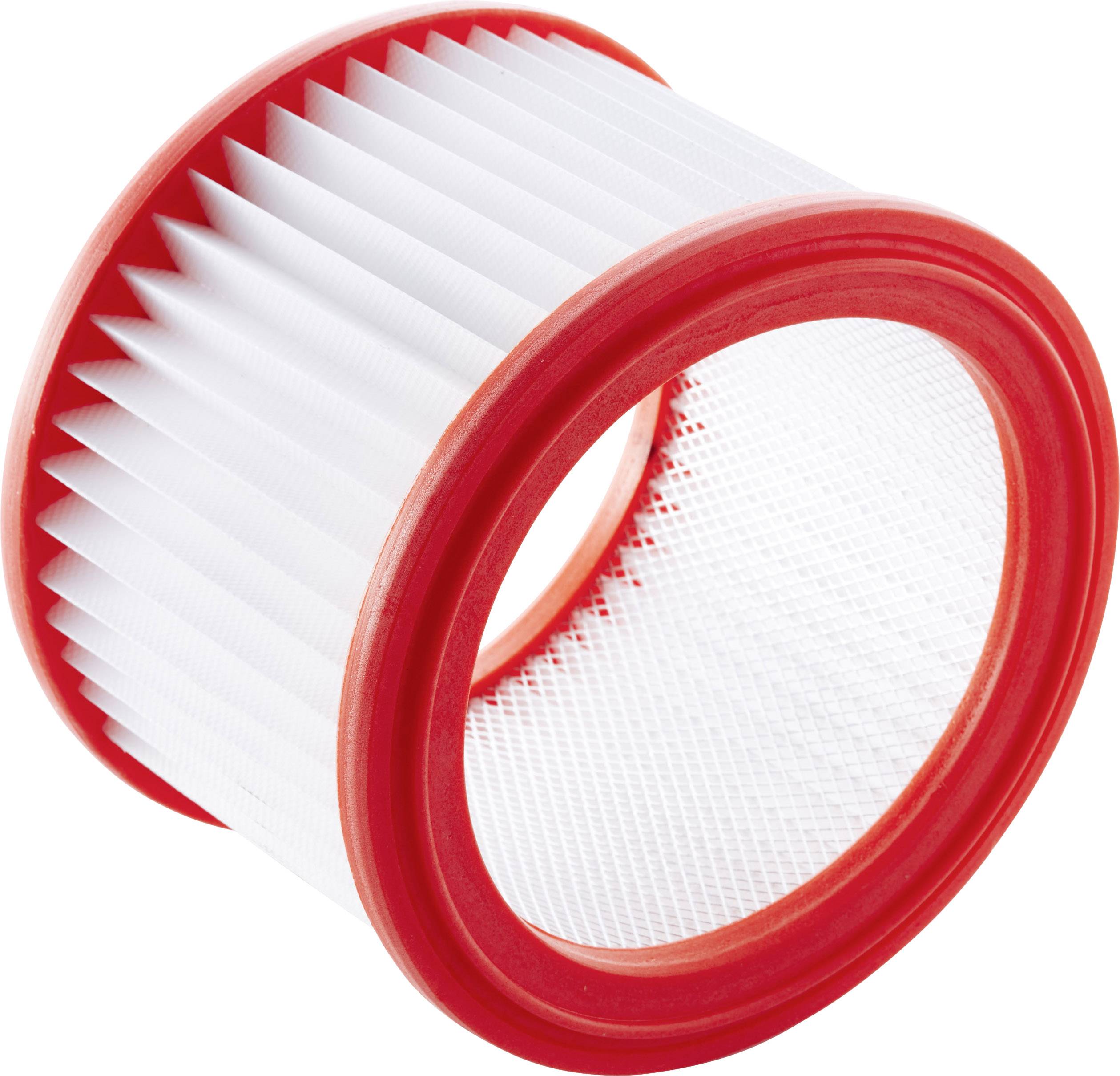 Round, red and white filter, possibly for a vacuum cleaner or a machine, with pleated paper material for fine dust.