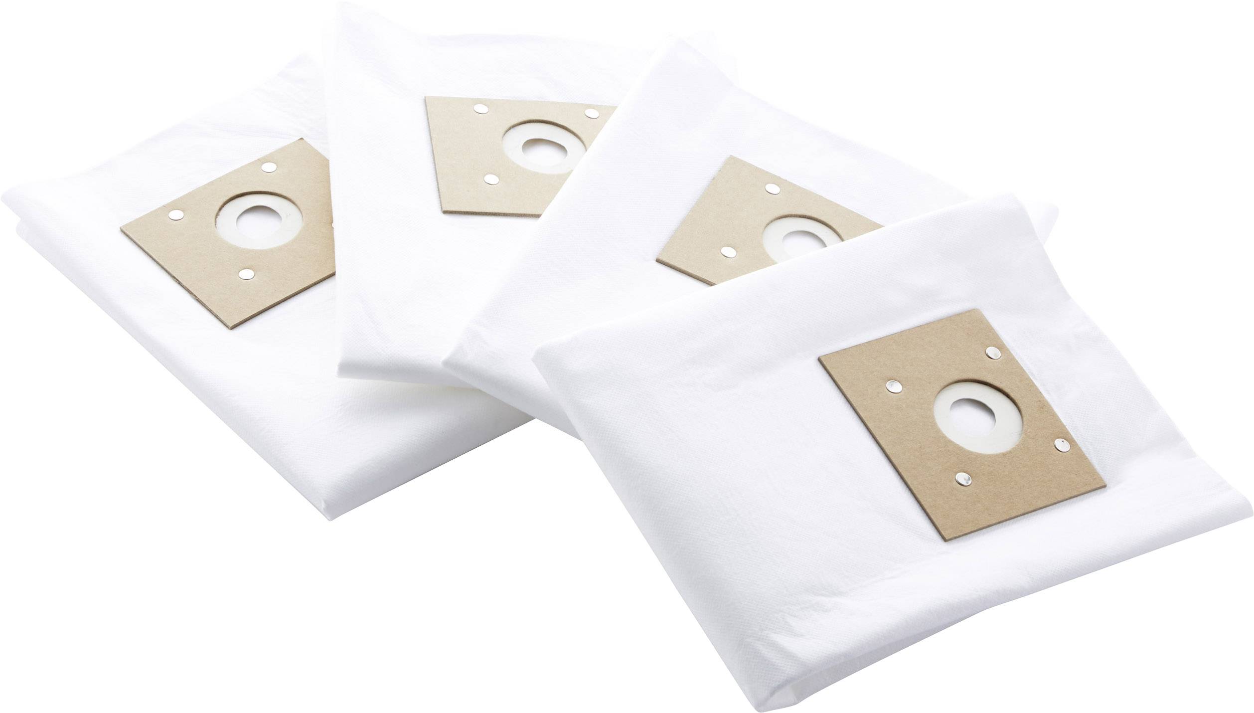 Four white vacuum cleaner bags arranged in a square formation, each with a brown cardboard holder in the centre.