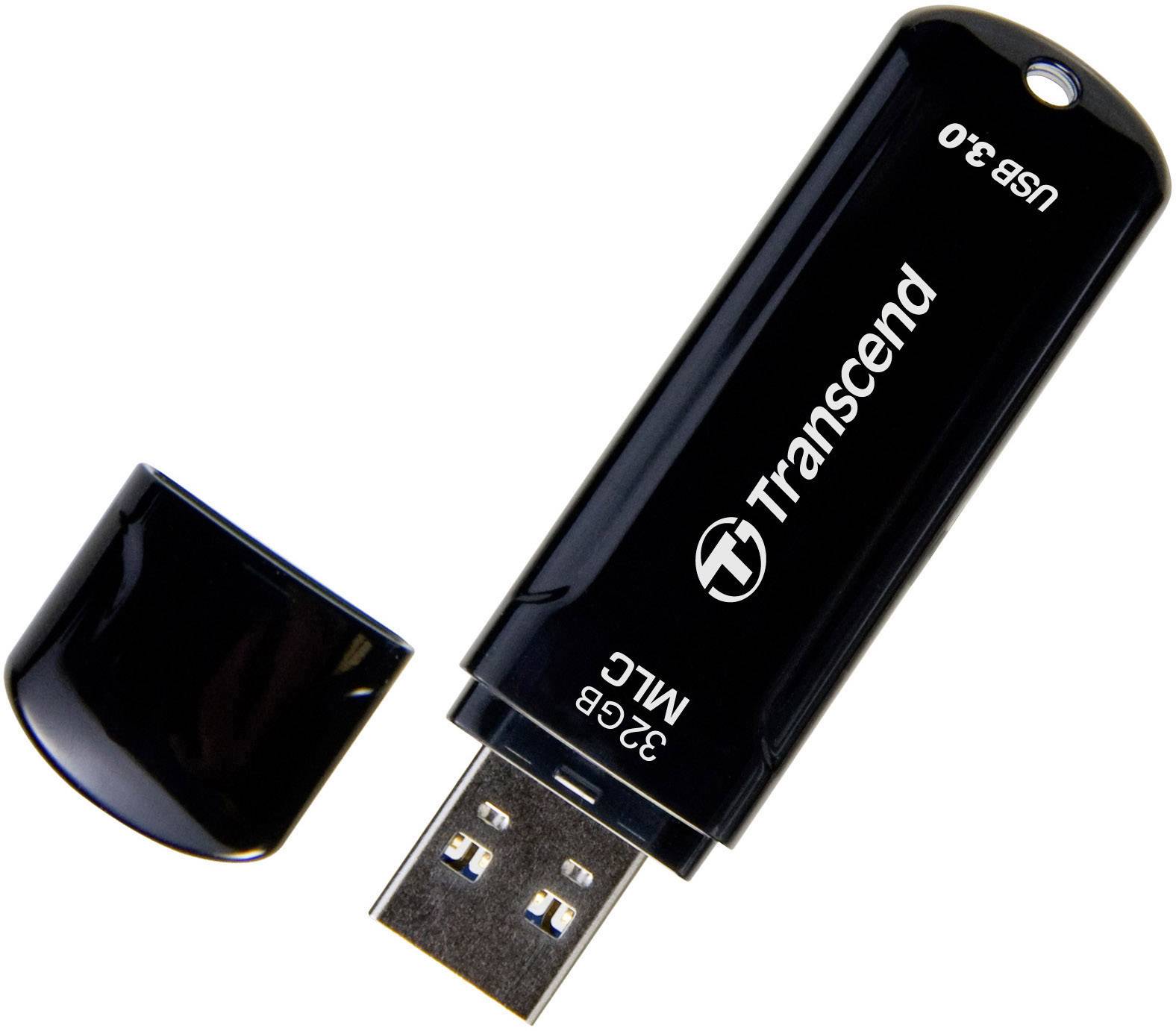 A black Transcend USB stick, 32 GB, USB 3.0, with the cap removed.
