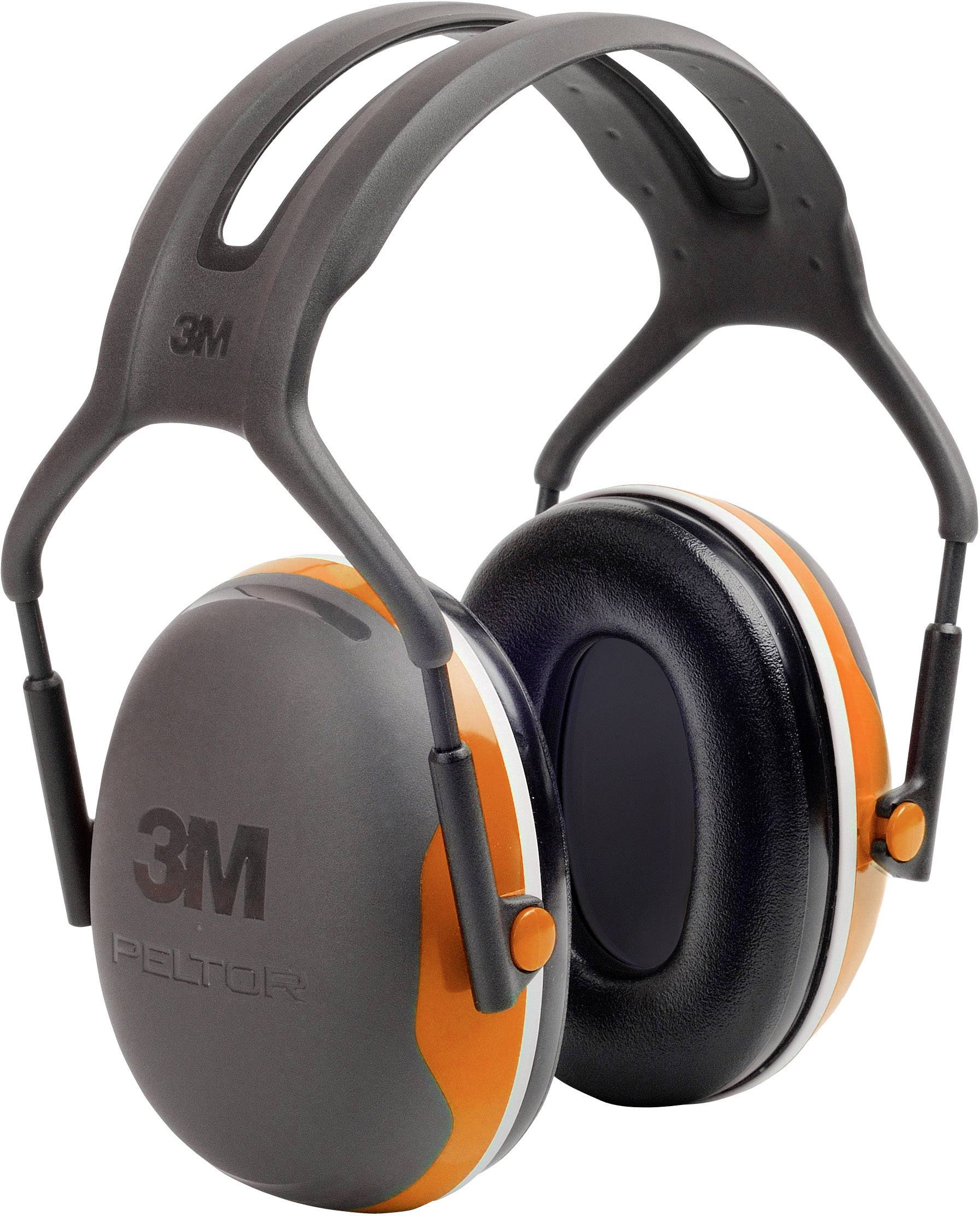 A pair of orange-grey ear defenders with a black headband, marked with '3M PELTOR', for noise protection and hearing protection.