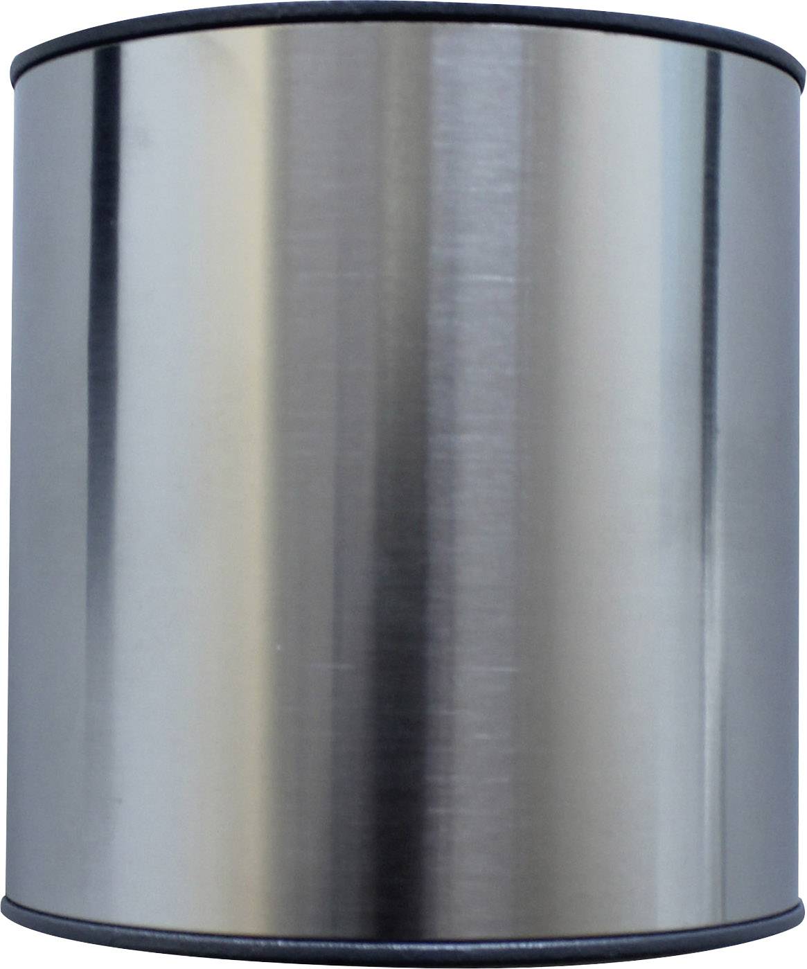 Silver, cylindrical metal tin without label or inscription. Smooth surface, suitable for storing liquids or loose materials.
