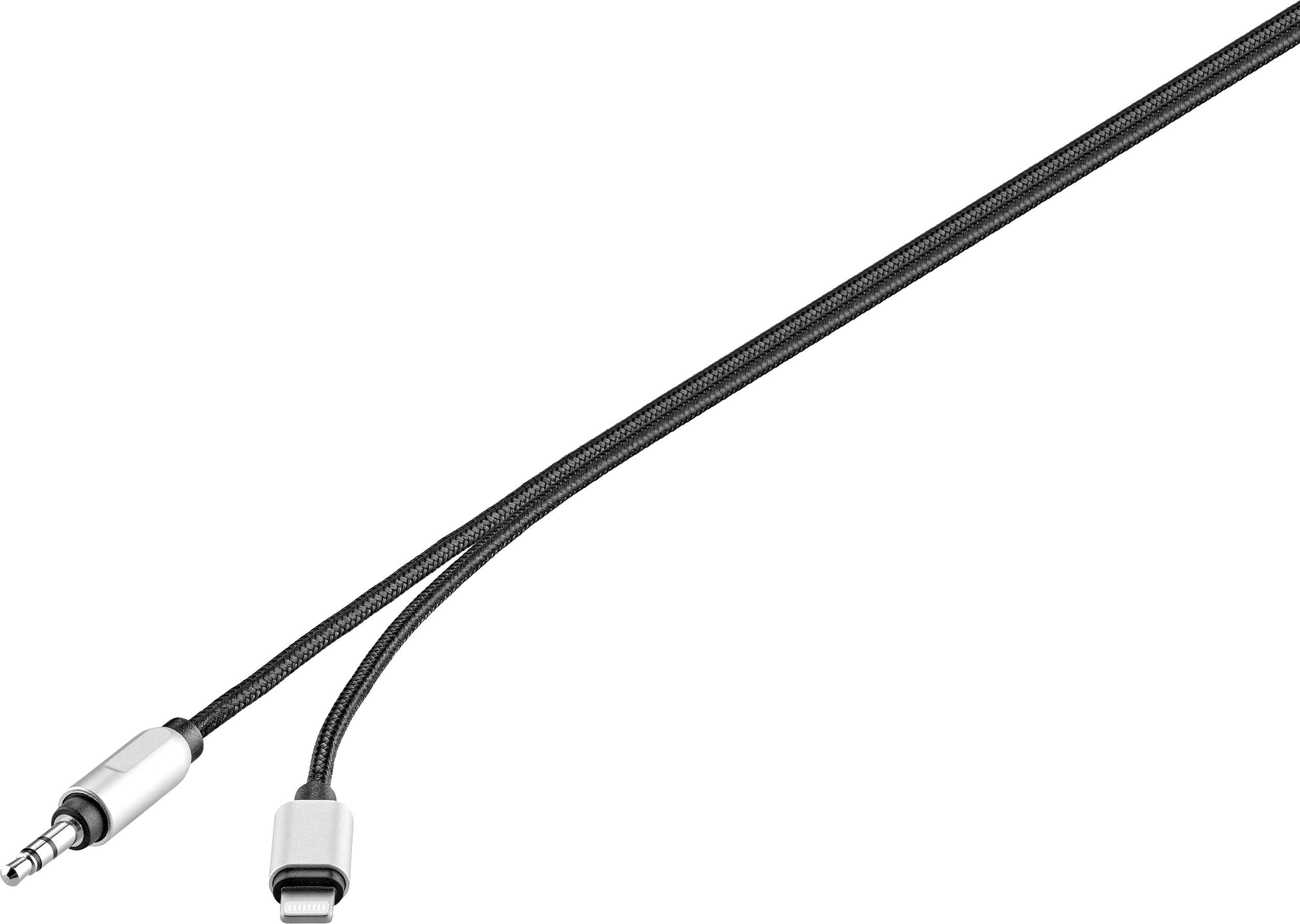 Two cables - one 3.5mm jack plug and one USB plug - terminate in silver-coloured sockets, connected by a black braided cable.