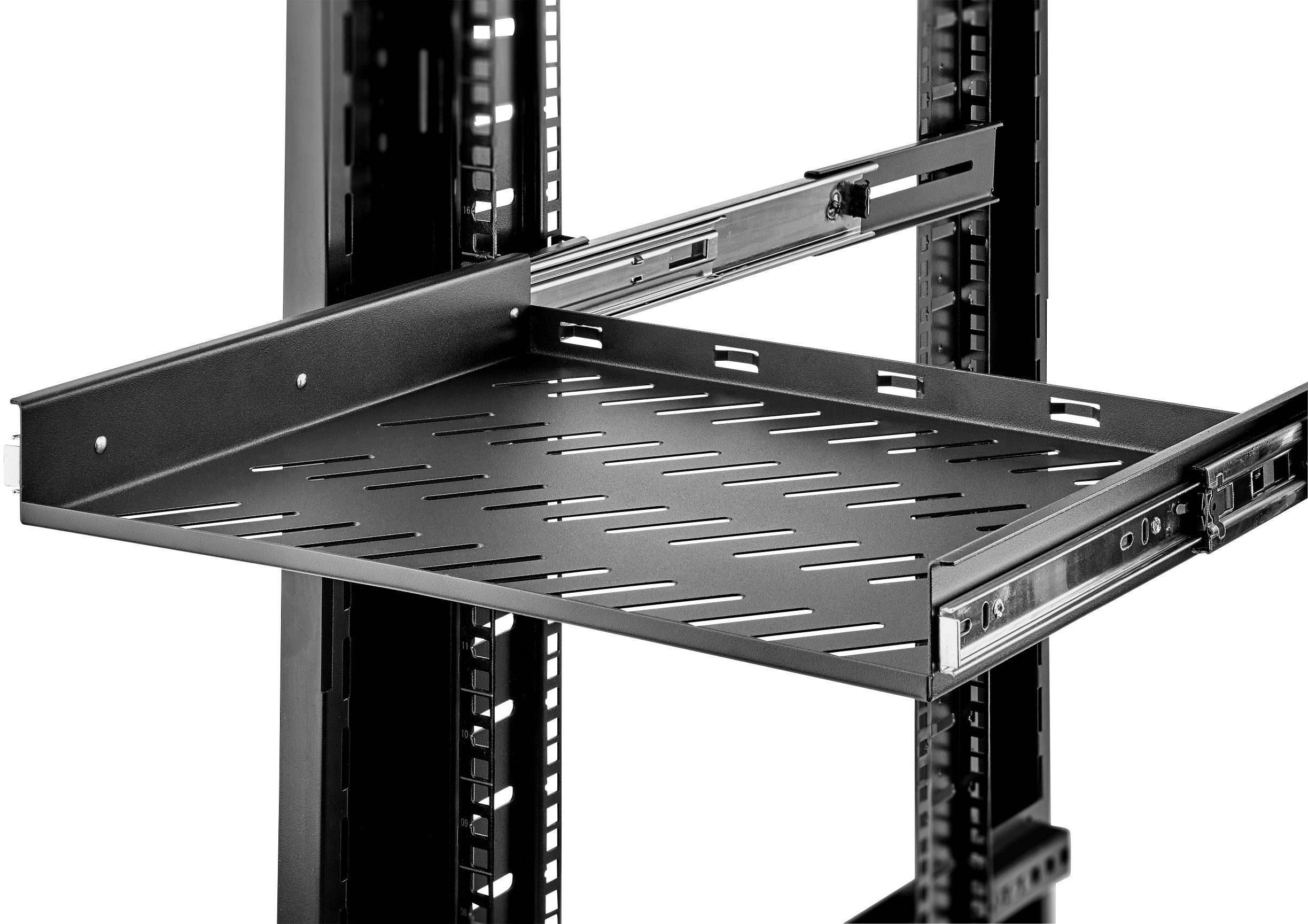 An open server rack with a partially extended metal shelf featuring ventilation slots.