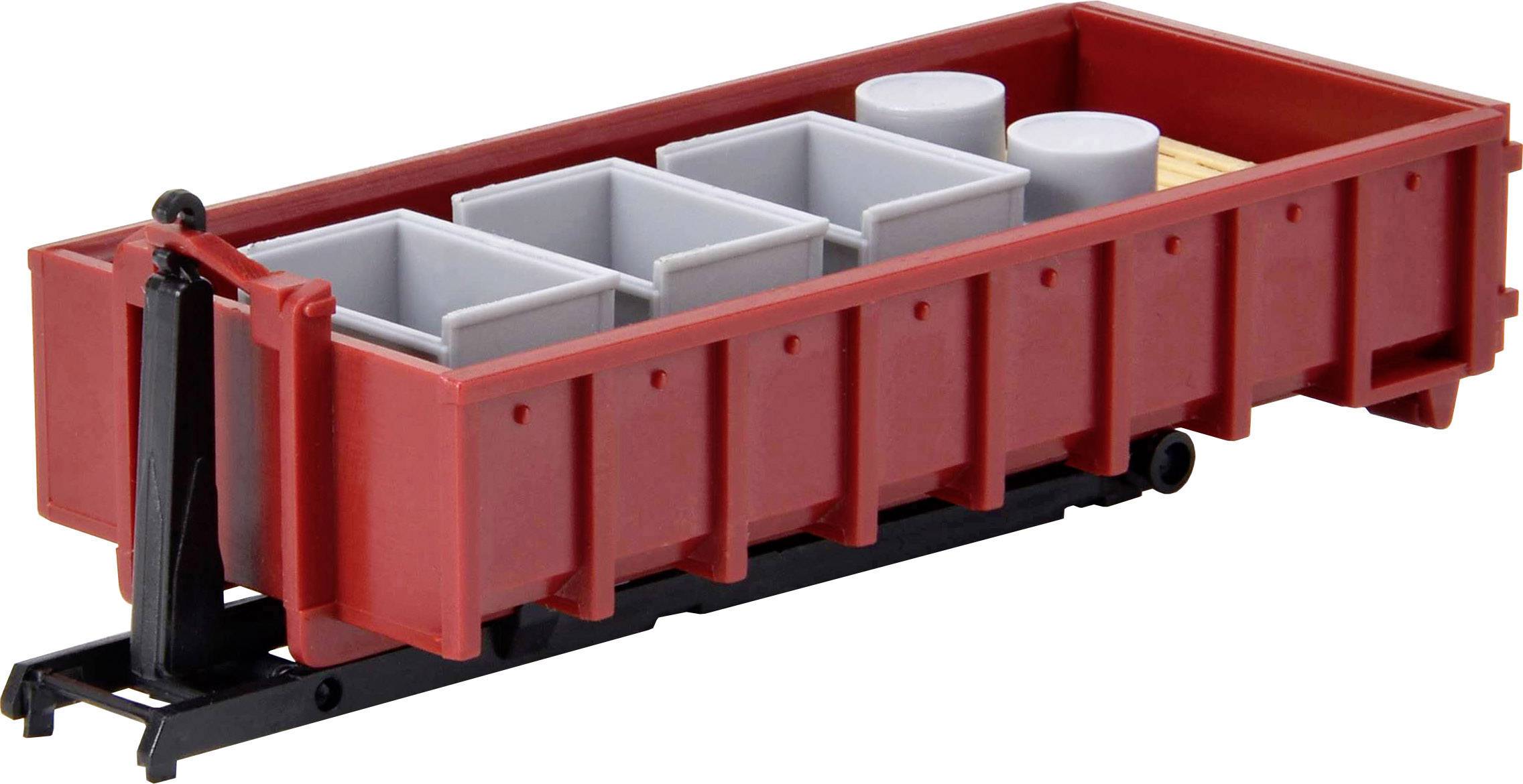 A red toy goods wagon with several grey-coloured containers and wooden building blocks inside.