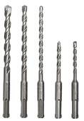 Five metal drill bits of various sizes lined up side by side on a white background.