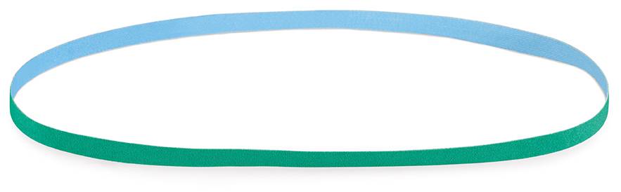 A large blue and green rubber band circle lies flat on a white background.