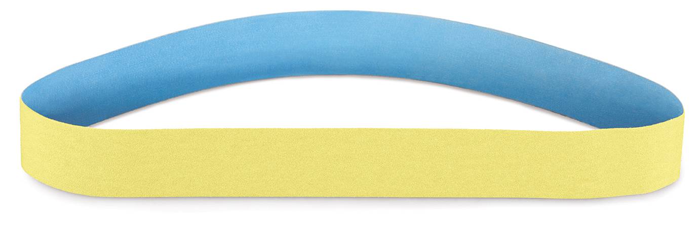 A two-coloured rubber band, blue at the top and yellow at the bottom, in an oval shape, lies flat and stretches slightly.