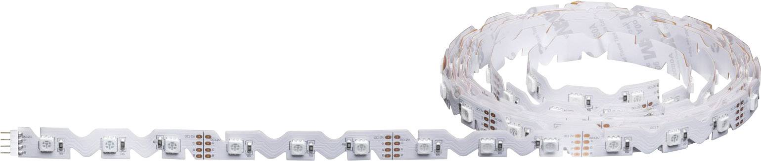 A rolled-out LED light strip with visible connection points and LEDs, ready for installation, lies flat against a background.