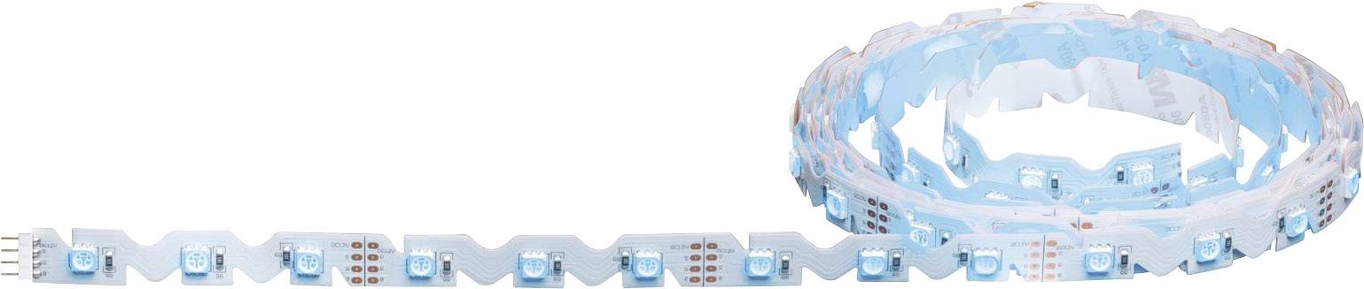 LED strip with blue LEDs on a white background. The strip is partially rolled up and shows individual LED lamps.