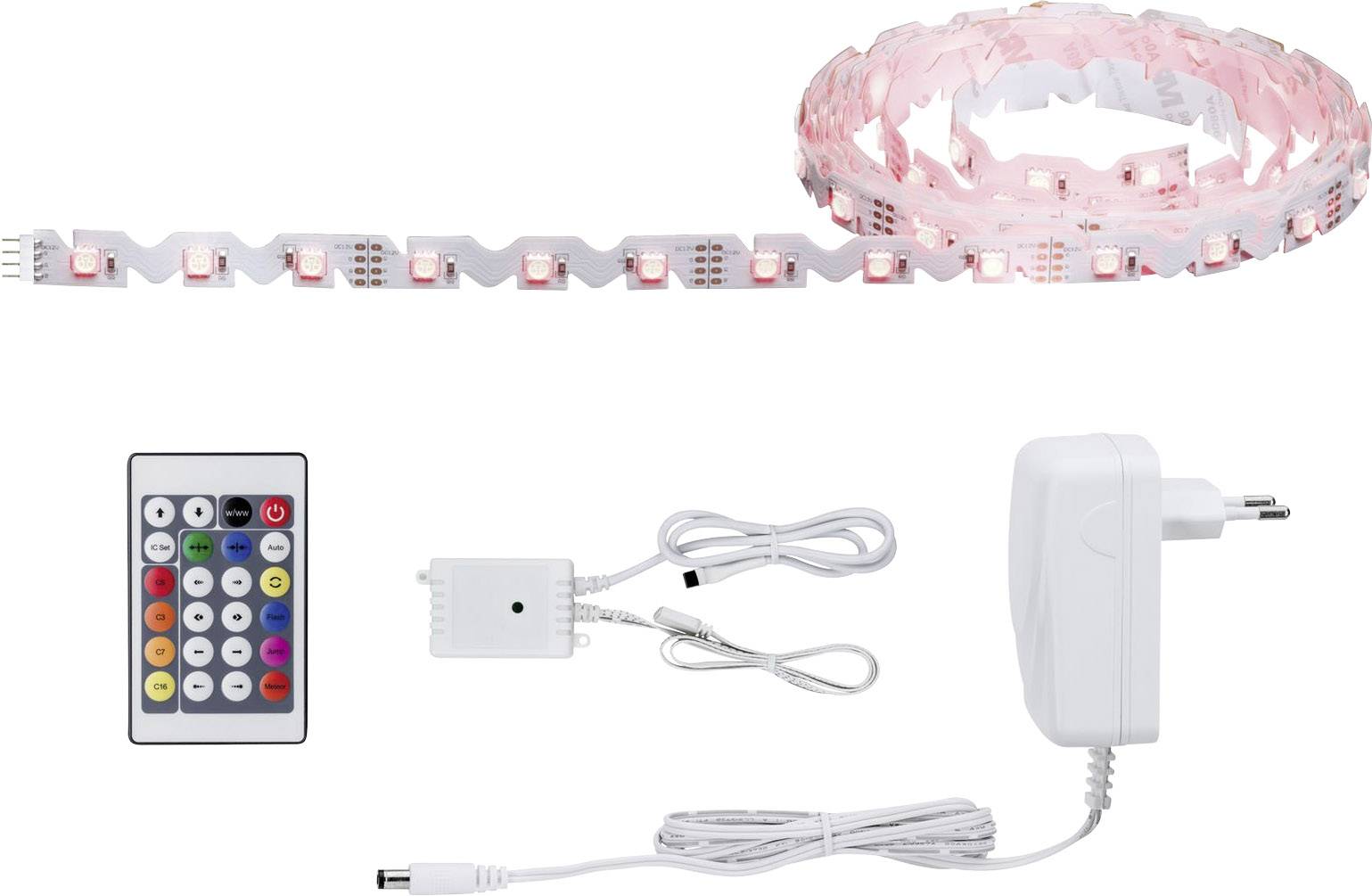 A pink LED light strip with remote control, power supply, and control unit; suitable for decoration and lighting.