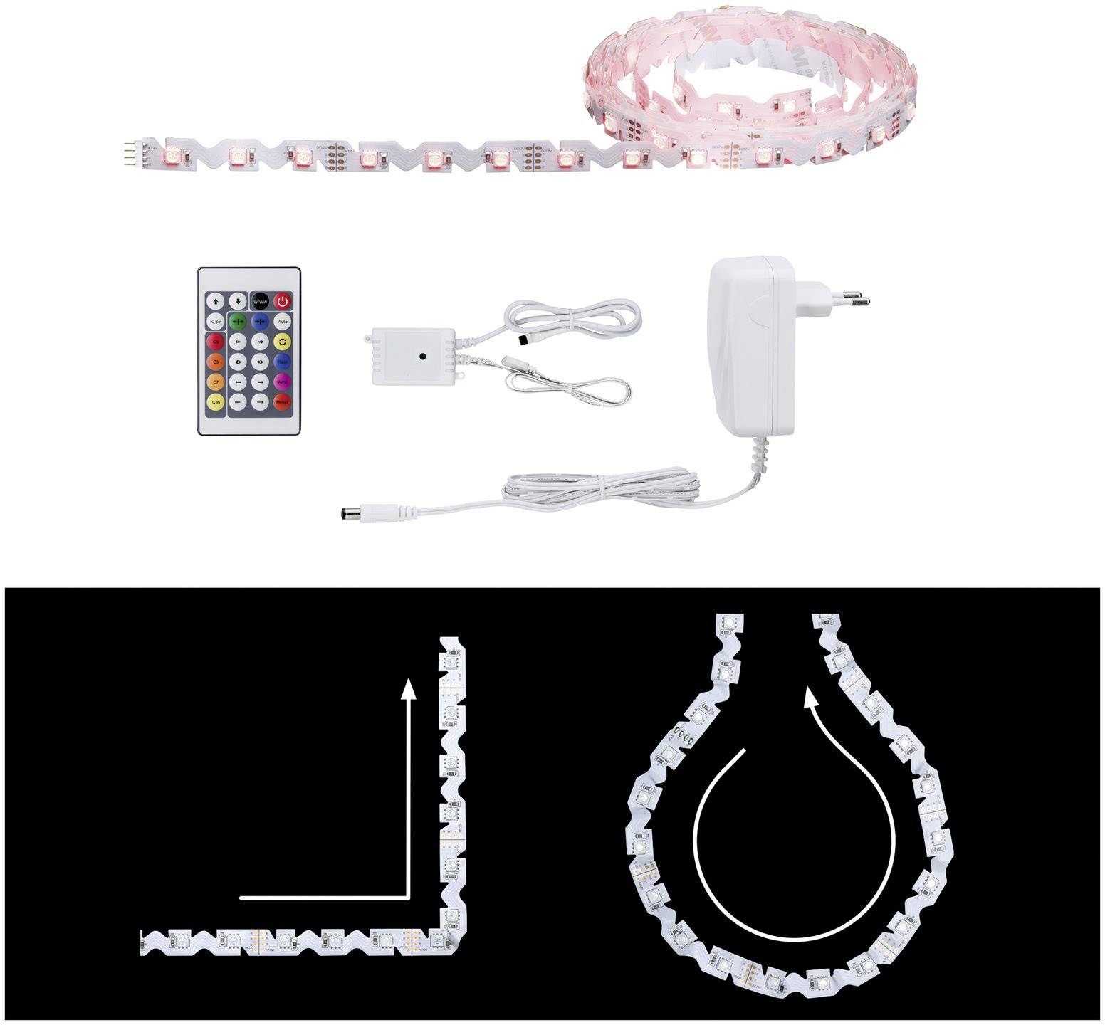 LED light strip set with remote control, control box and power supply. Two diagrams show flexible arrangement options.