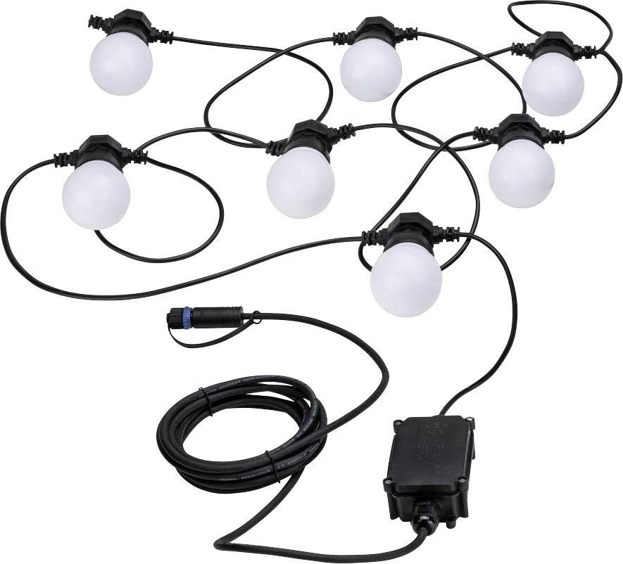 String of lights with eight white globe lamps, connected by black cables, with plug and socket. Suitable for outdoor decoration.