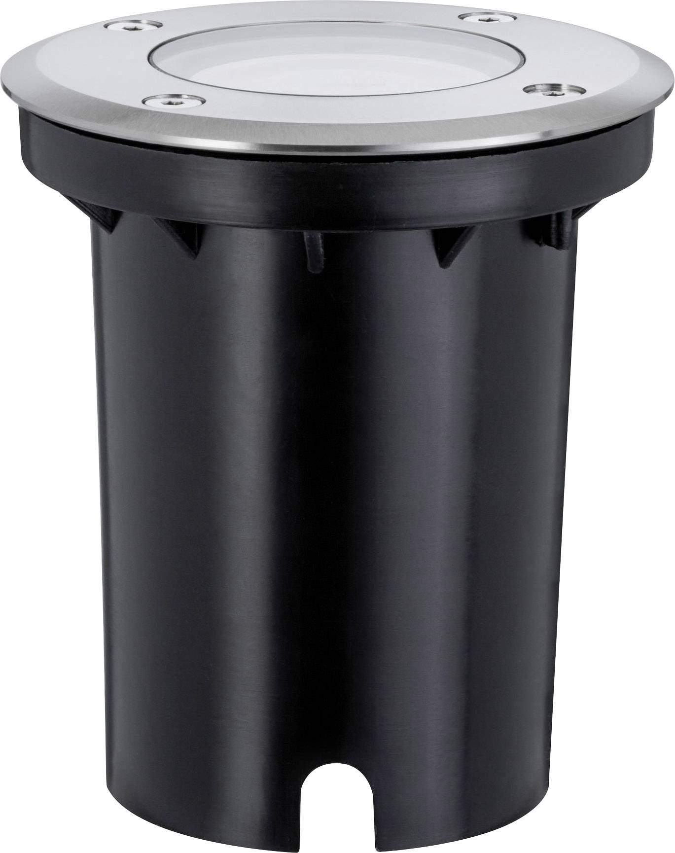 A round recessed floor light with a black housing and silver trim, suitable for outdoor installation.