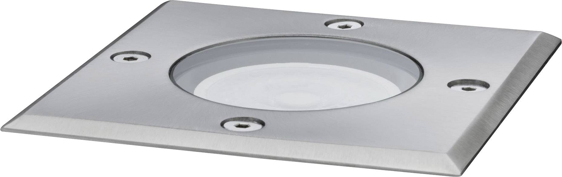 Metal square floor light with a central round glass panel. Four visible screws at the corners.