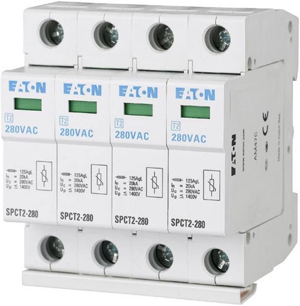 A white surge protector with four green switches, labelled '280VAC' and 'SPCT2-280', is shown from the side.
