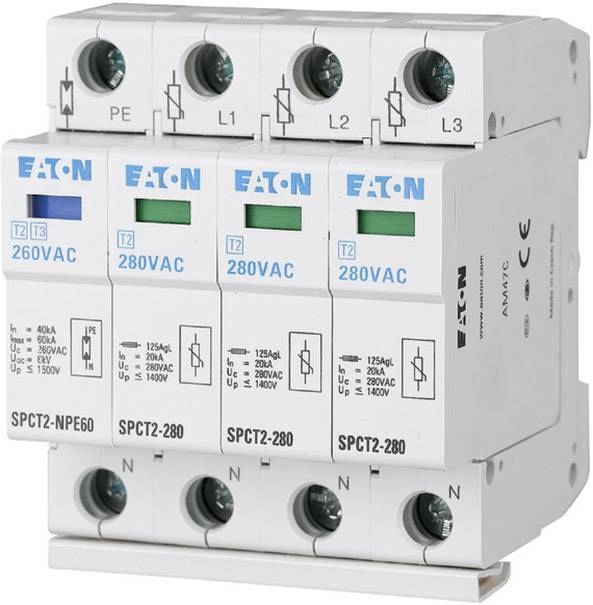 Surge protection device, Eaton type SPCT2, with four terminals for phases L1, L2, L3, and neutral conductor. Protection against voltage surges.