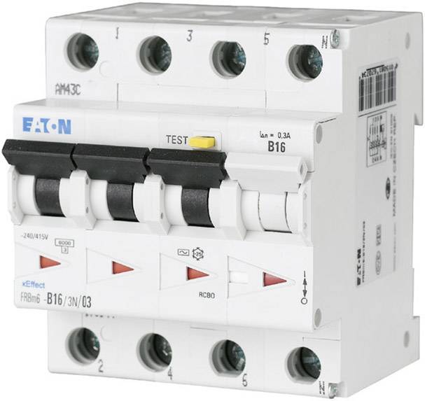 A three-phase circuit breaker with the label 'Eaton'. It has multiple trip switches and shows the specification 'B16'.