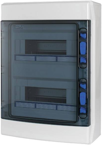 A grey consumer unit with a transparent cover, blue handle and space for two rows of fuses.