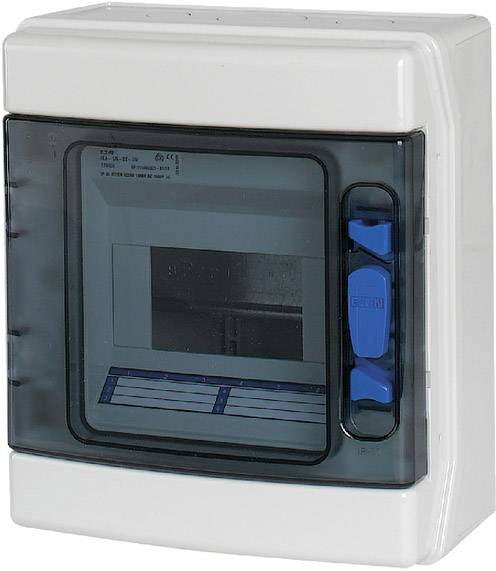Compact distribution box with a transparent door and blue components, suitable for electrical installations in indoor environments.