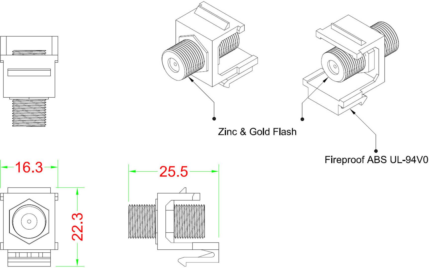 Drawing of an electrical plug with dimensions. Material notes: 'Zinc & Gold Flash' and 'Fireproof ABS UL-94V0'.