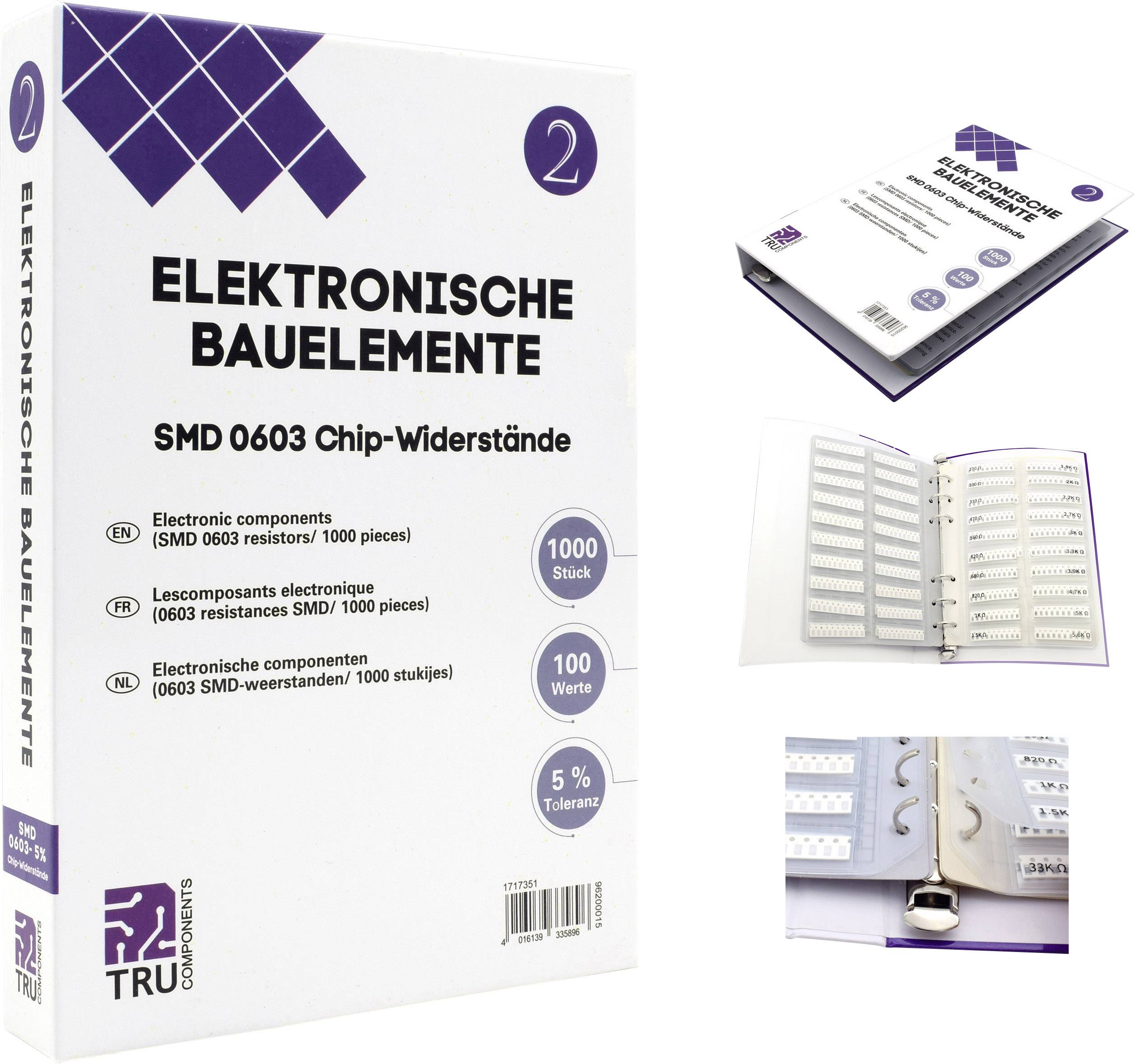 White box labelled 'Electronic SMD Components 0603 Chip Resistors'. Contains folder with 1000 resistors.