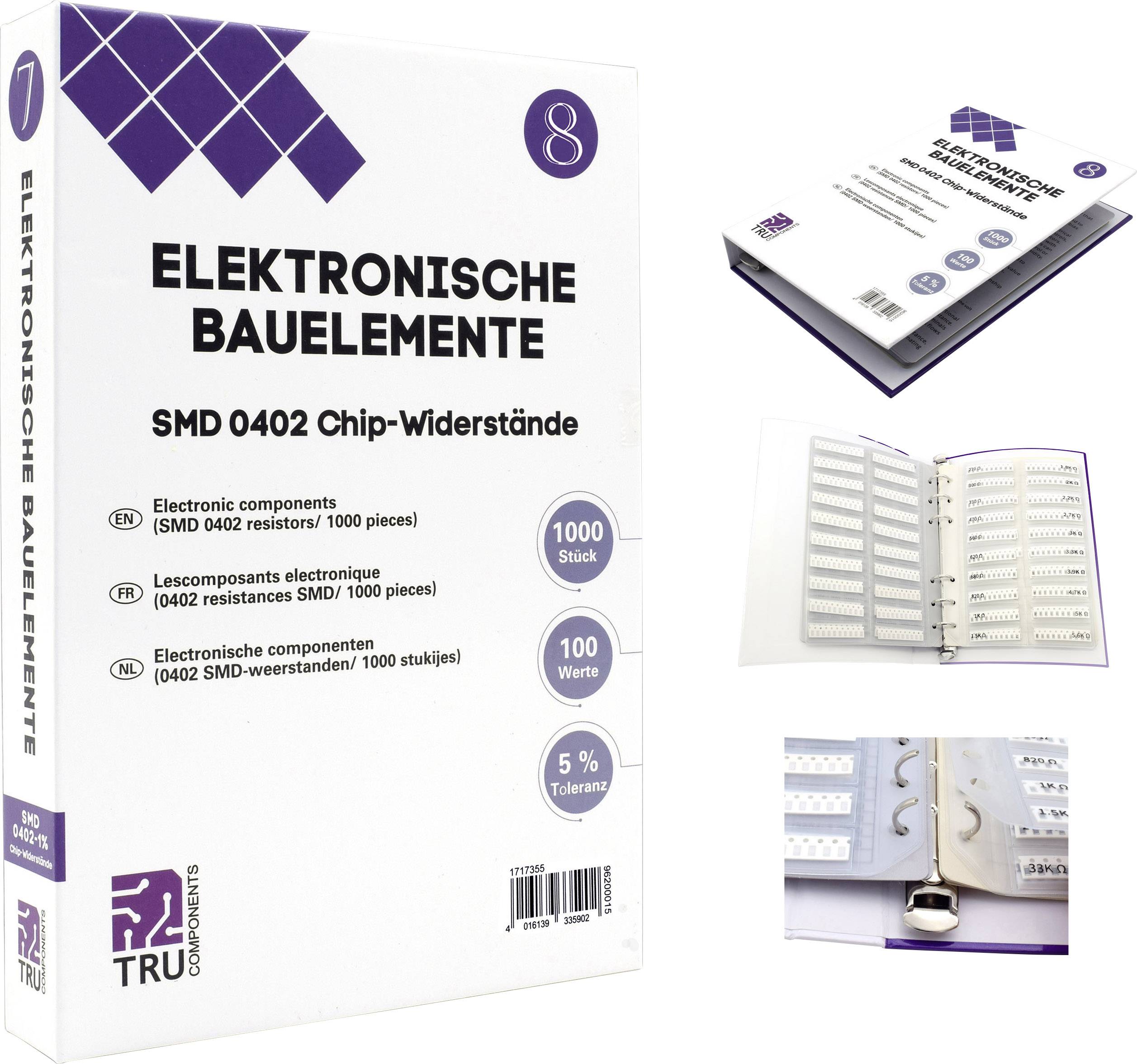 'Electronic SMD Components 0402 Chip Resistors', pack of 1000 pieces, 100 values, 5% tolerance, TRU Components brand.