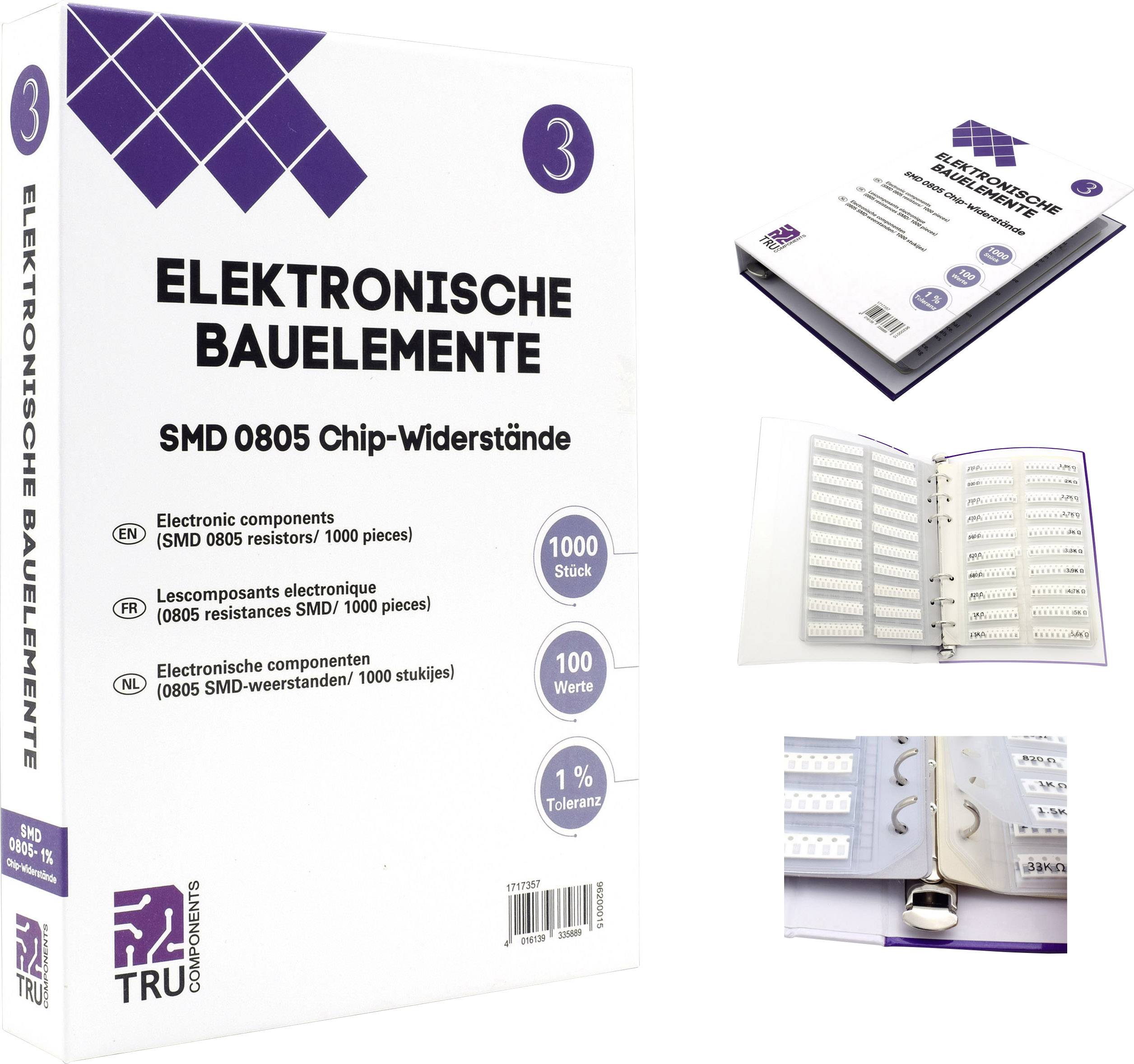 A box labelled 'SMD 0805 Chip Resistors Electronic Components'. Contains 1000 pieces with 1% tolerance.
