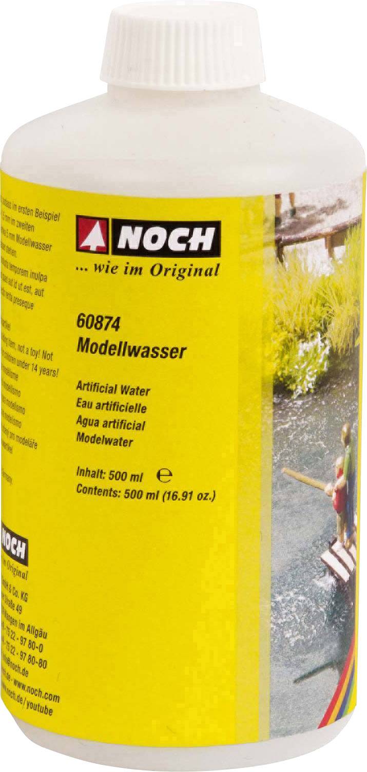 Bottle of 'Model Water' with inscription, brand NOCH, 500 ml, for model-making applications. Contains product information and usage instructions.