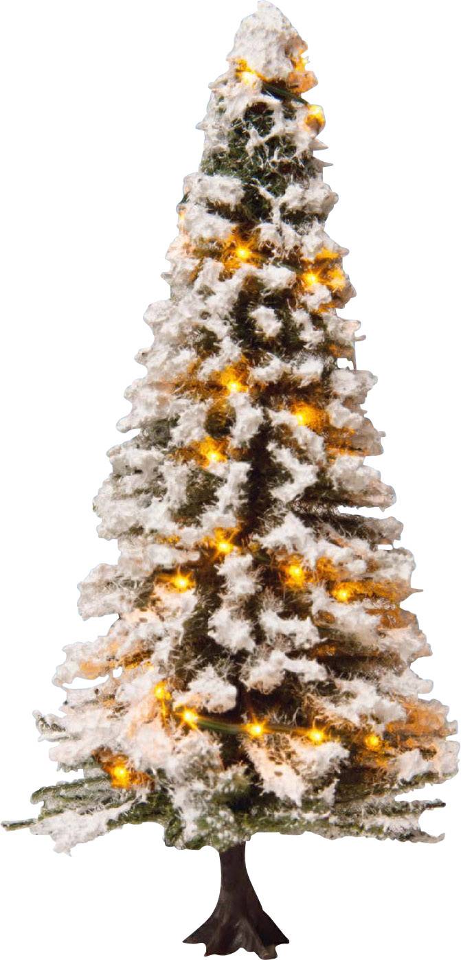 A snow-covered Christmas tree adorned with yellow lights. The tree stands alone, its lights glowing softly.