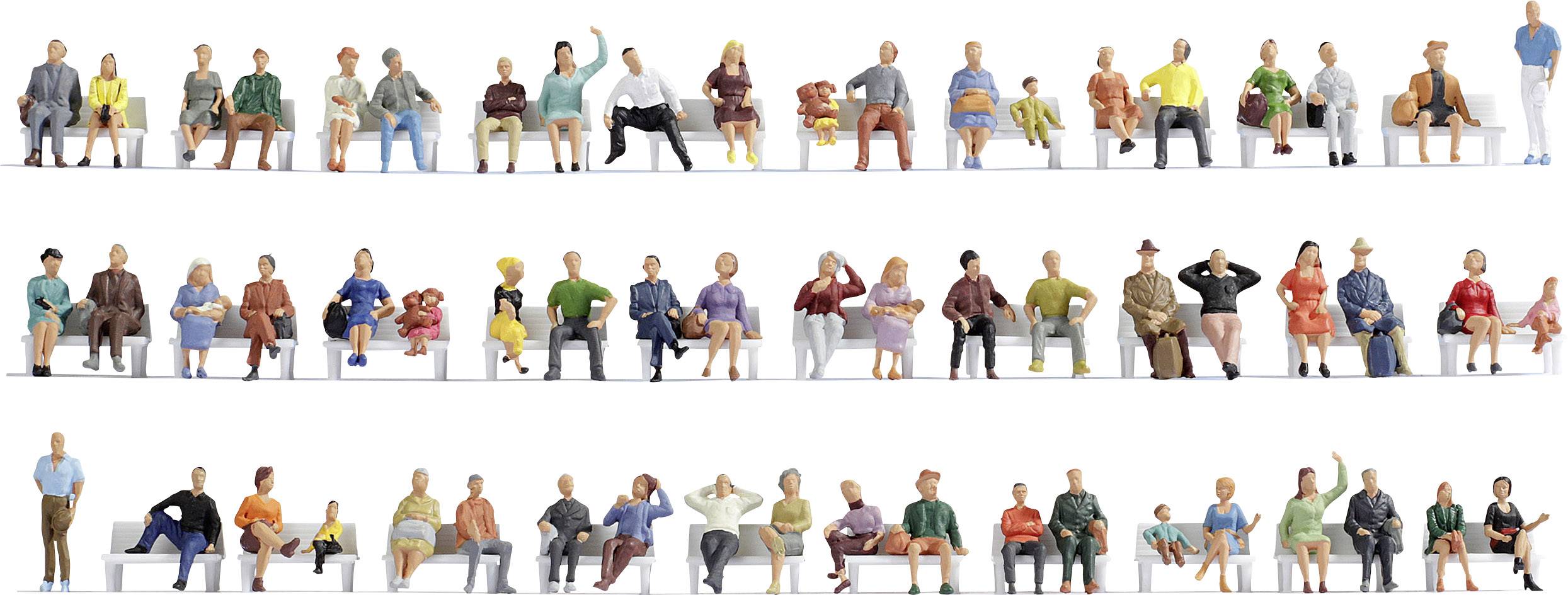 A collection of model figures sitting on chairs in four rows. The variety of clothing and poses suggests different scenes.